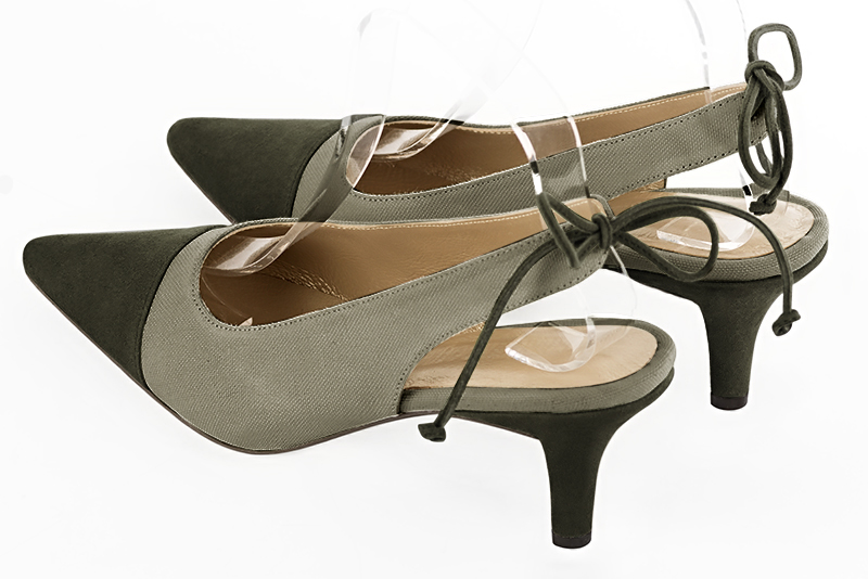 Khaki green women's slingback shoes. Pointed toe. Medium slim heel. Rear view - Florence KOOIJMAN